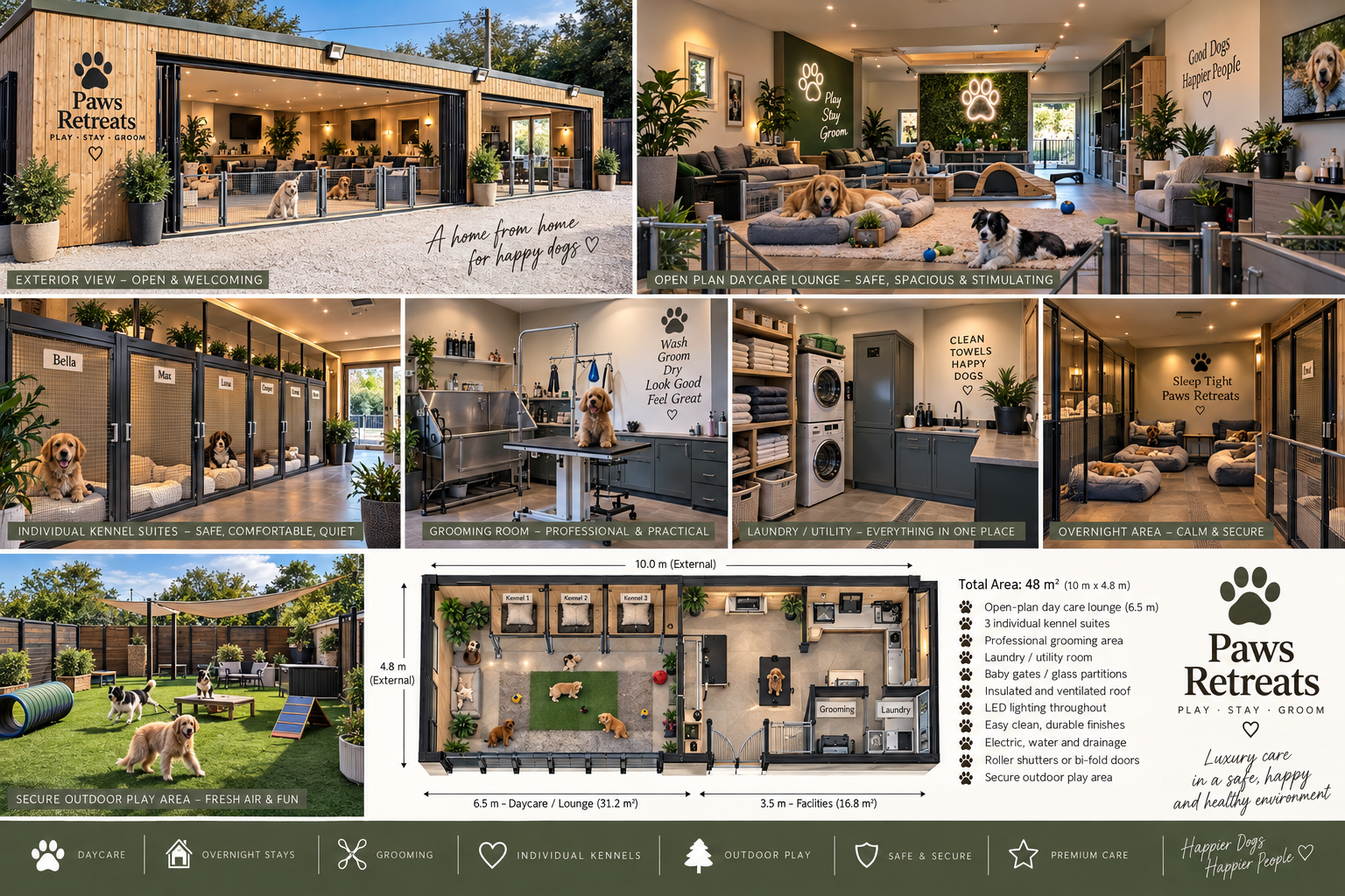 Concept imagery showing dog suites grooming and laundry